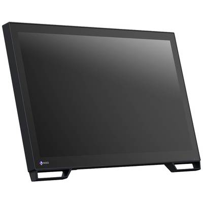 A black flat-screen monitor with a minimalist design, photographed from the side, with no visible content on the screen.