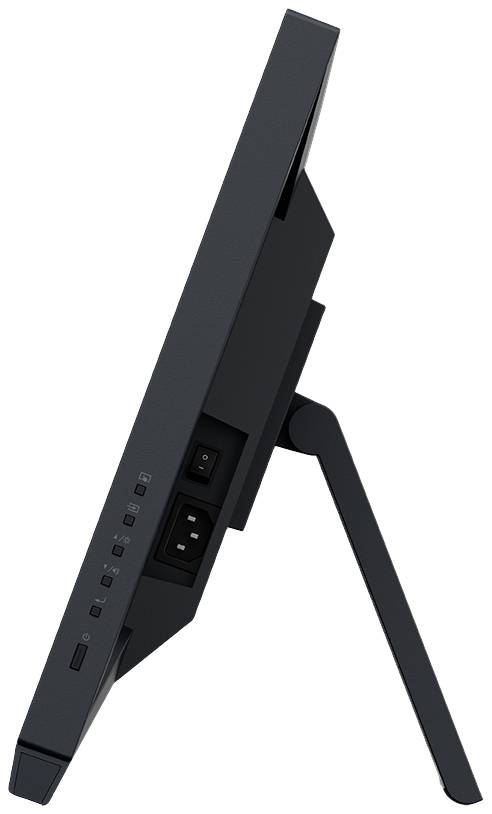 A computer monitor viewed from the side, with the narrow edge and the back showing ports and stand.