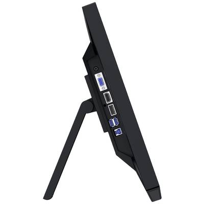 Side view of a black monitor with a stand. Multiple ports are visible, including USB and VGA connections.