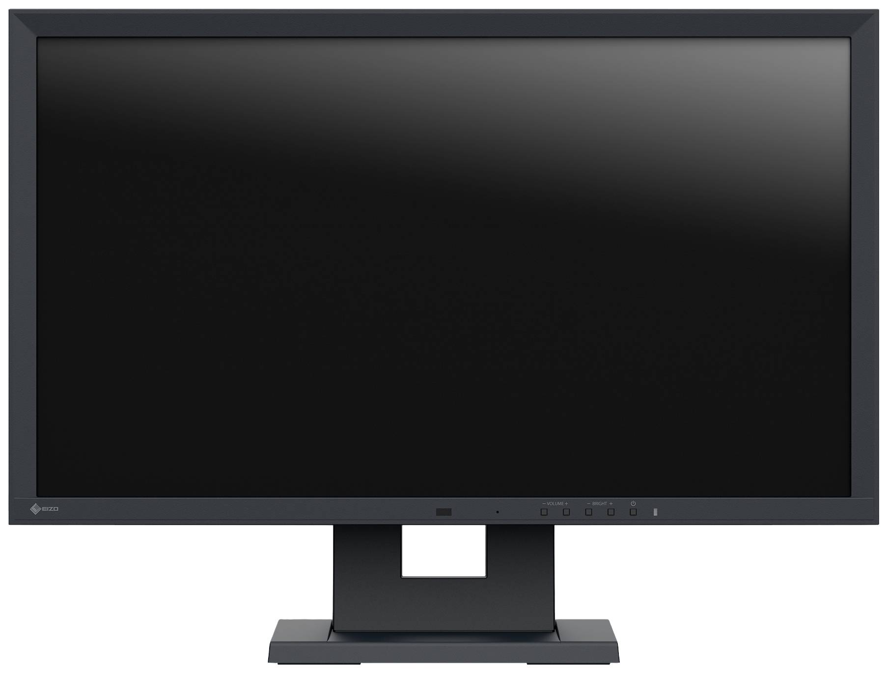 A black computer monitor with a black screen bezel on a rectangular stand, switched off.