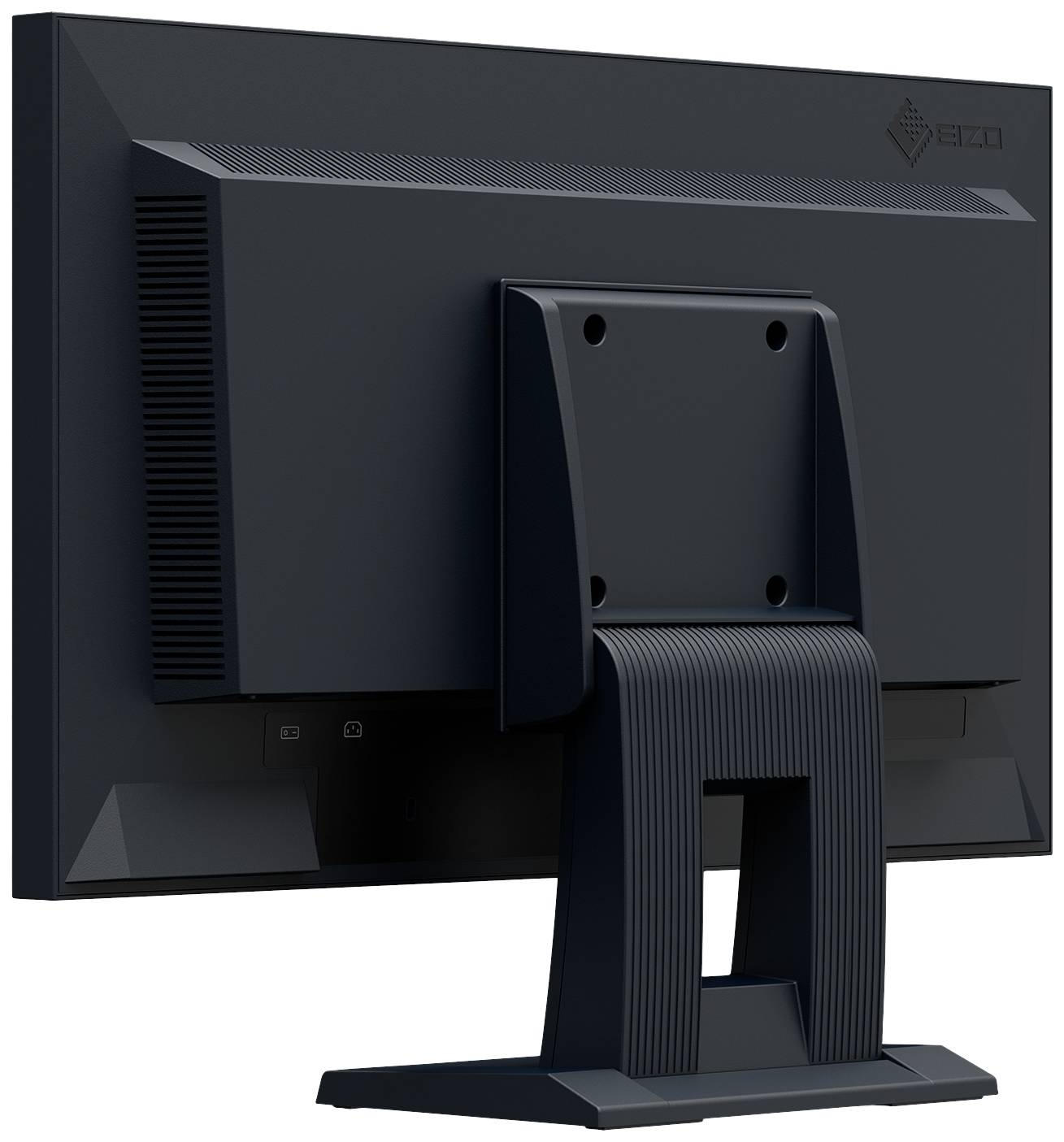 The rear section of a black computer monitor with a sturdy stand is visible. It features ventilation slots and mounting points.