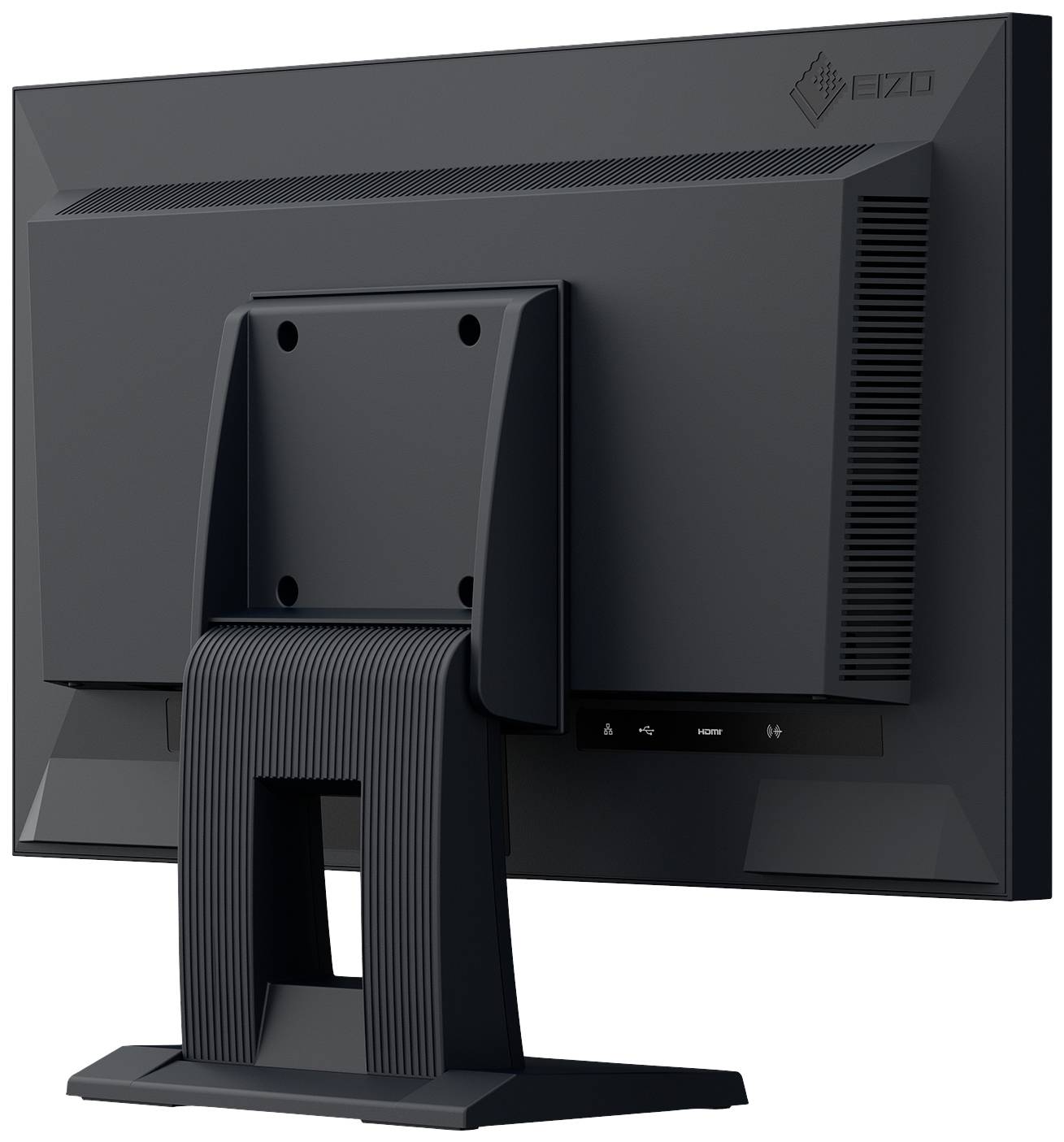 A black computer monitor from behind, with a sturdy stand.