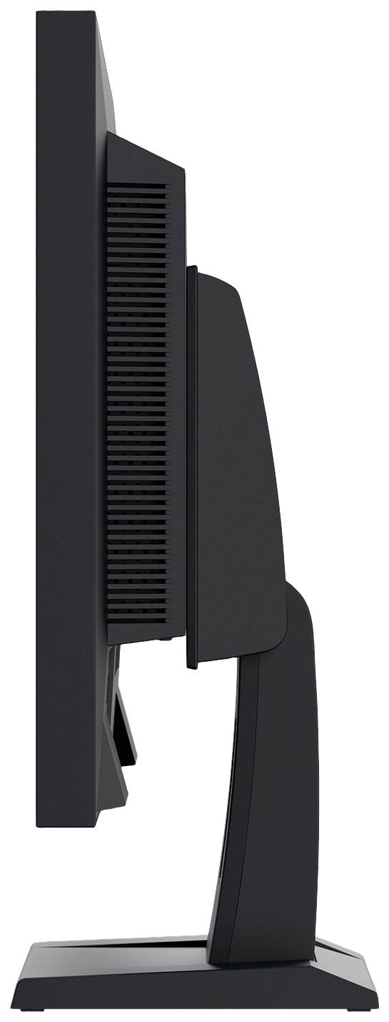 A black computer monitor viewed from the side. The screen is flat and sits on a sturdy stand.