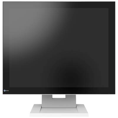 A black computer monitor on a silver stand. The screen is switched off, with no image or text displayed.