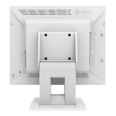 The monitor viewed from behind shows connections and controls. Brand logo in the top right, ventilation grille at the top. Upright stand.