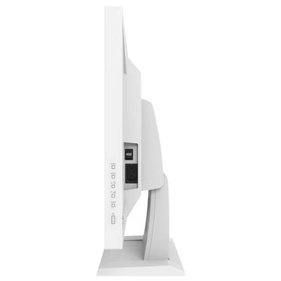 A white computer monitor, side view, shows controls and ports. It has a sturdy stand.