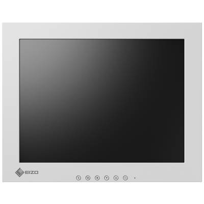 A grey, square computer monitor with a dark display and five control buttons along the bottom edge.