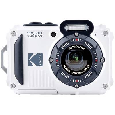 Waterproof Kodak camera, white, with 15M depth and PixPro lens, 4x zoom.