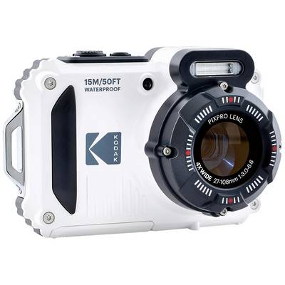 Waterproof digital camera in white, Kodak brand, with zoom lens and flash, suitable for depths up to 15 metres.