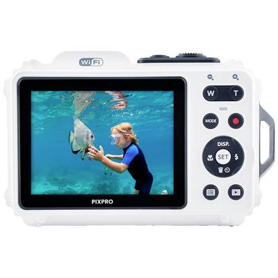 A camera displays on its screen a child snorkelling underwater, observing a fish.