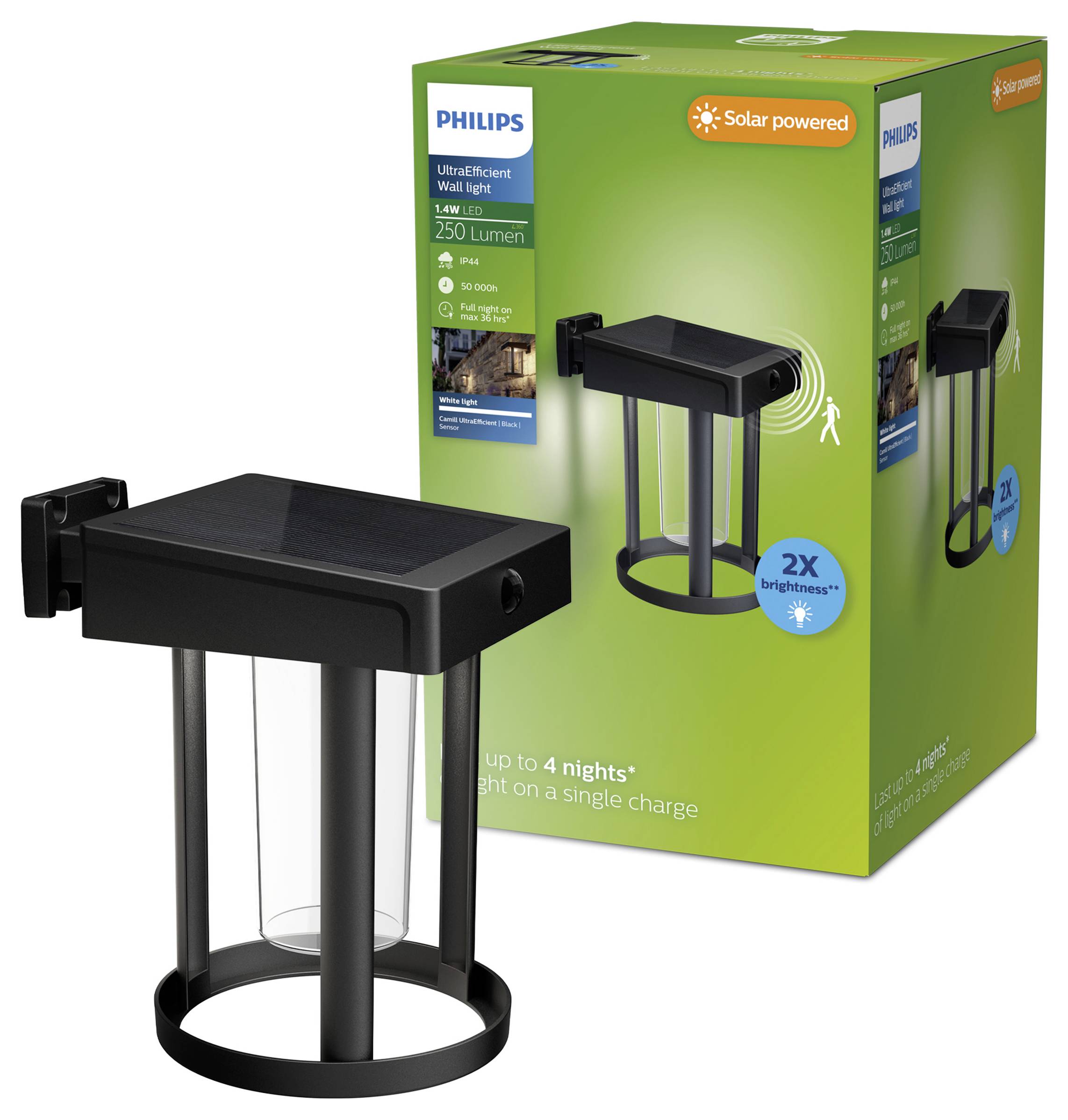 Black Philips solar-powered UltraEfficient wall light shown beside its green retail box, with '2X brightness' and 'up to 4 nights' on one charge.