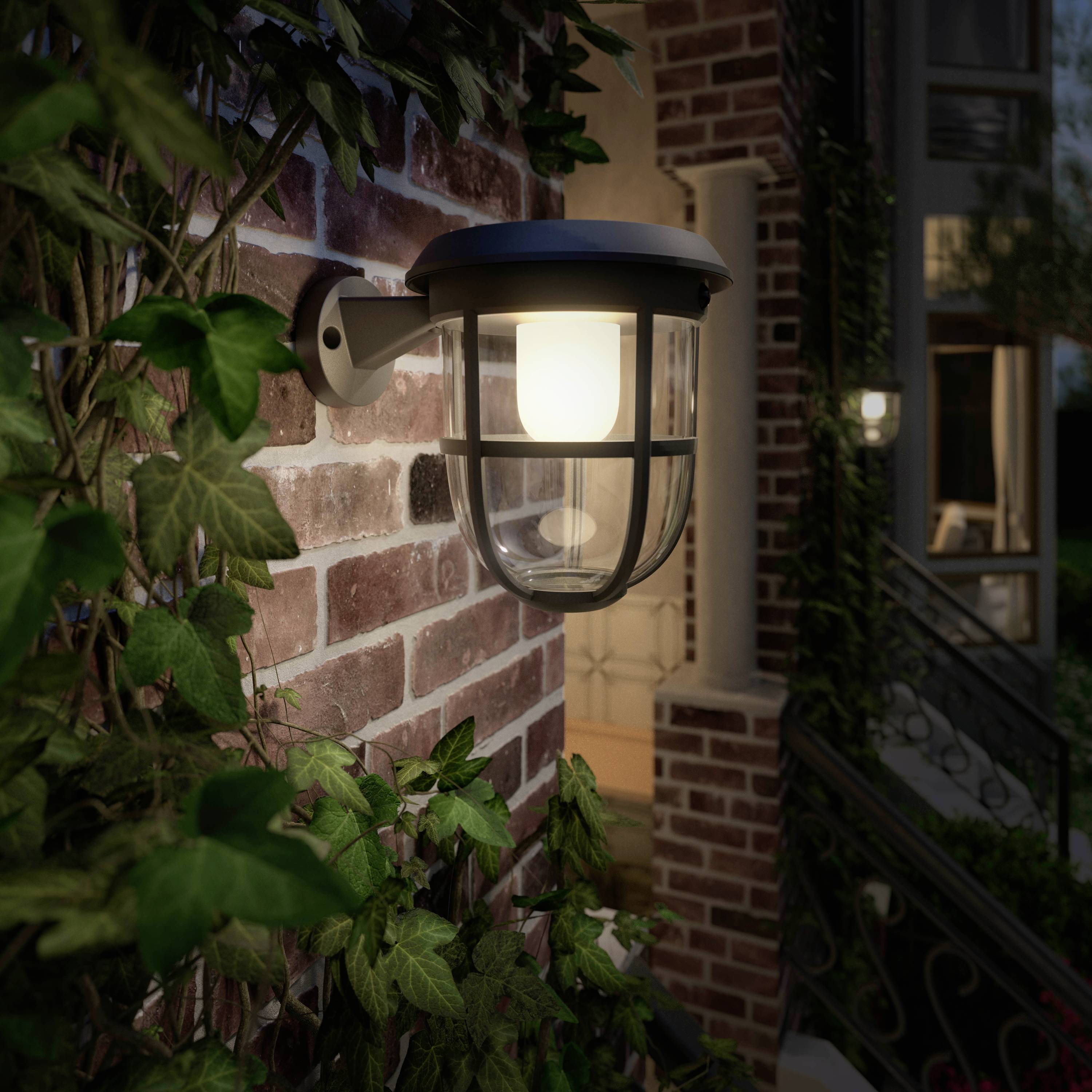Wall light mounted on a brick wall, surrounded by ivy. In the background, another light and an illuminated interior space.