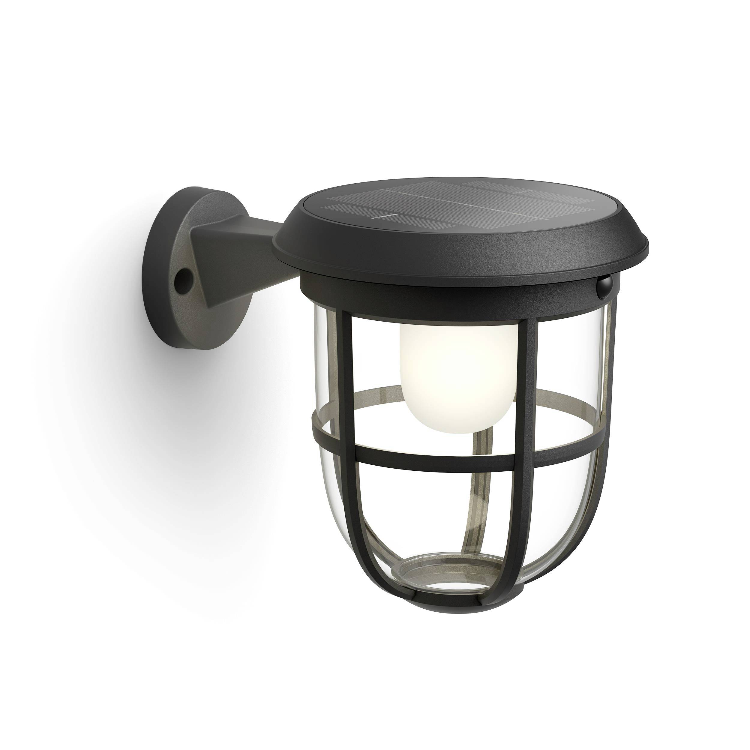 Black, solar-powered outdoor wall light with mesh cover enclosing a bulb, mounted on a grey wall bracket.