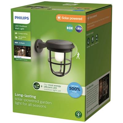 The packaging displays a solar-powered LED outdoor wall light for the garden by Philips. Highlighted features: long-lasting, weatherproof, energy-efficient.