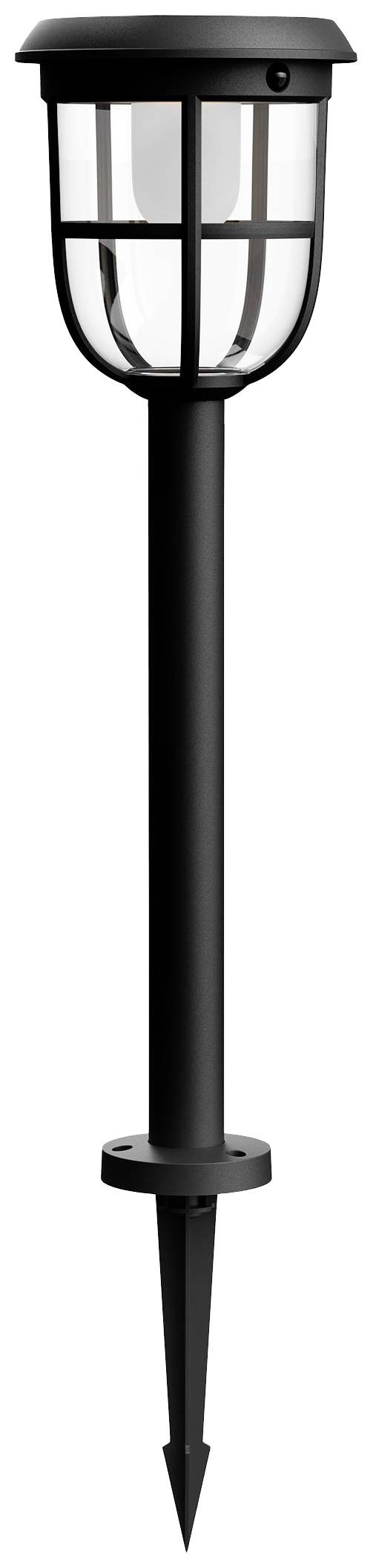 Black solar garden light with ground spike, glass housing and lattice design. Suitable for illuminating pathways and gardens.