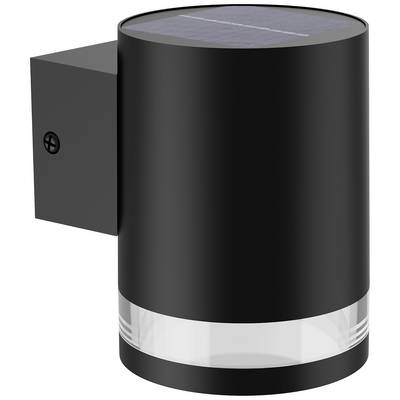 A black, cylindrical wall light with a solar panel on top. Mounted on the wall via a rectangular bracket.