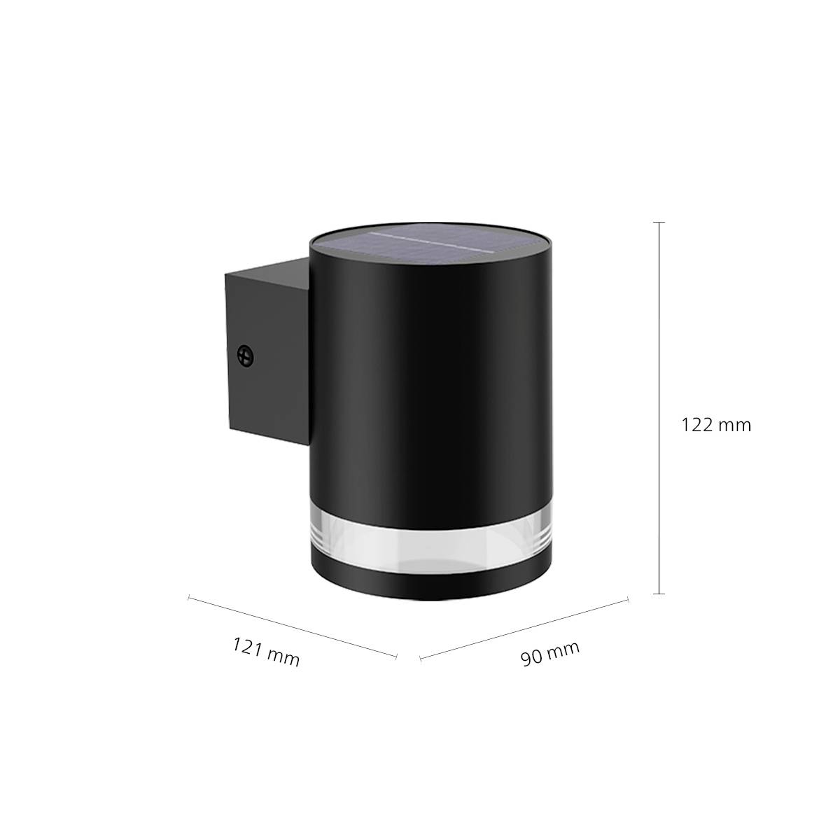 Black wall light with solar panel, cylindrical shape, dimensions: 121 mm depth, 90 mm width, 122 mm height.