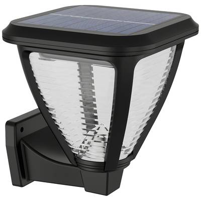 Black, solar-powered outdoor light with clear glass and wall mounting. Perfect for eco-friendly outdoor lighting.