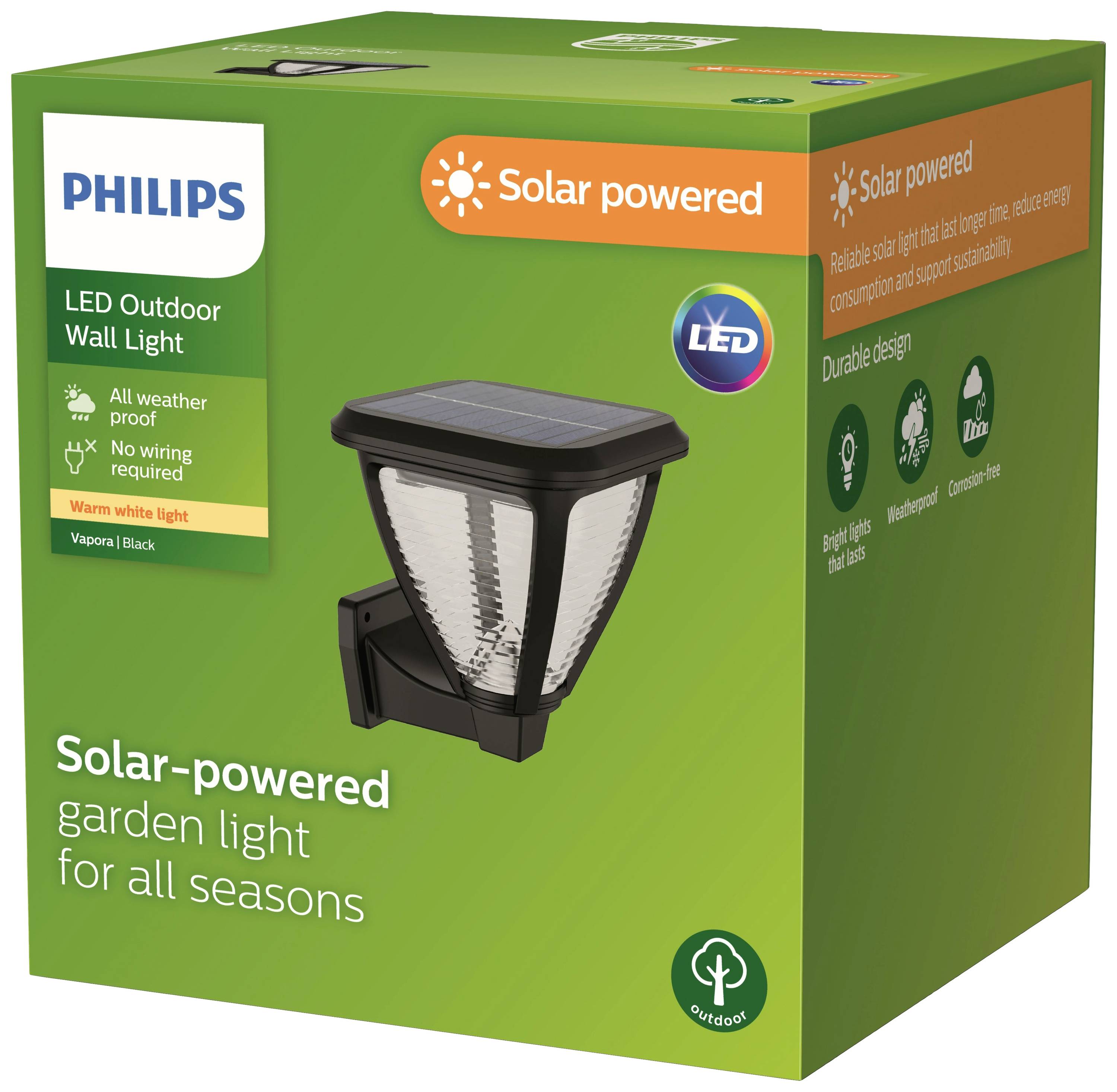 Philips LED Outdoor Wall Light. Solar-powered, suitable for all seasons. Weather-resistant, long-lasting, easy to install. Warm white light.