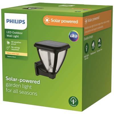 Philips LED Outdoor Wall Light. Solar-powered, suitable for all seasons. Weather-resistant, long-lasting, easy to install. Warm white light.