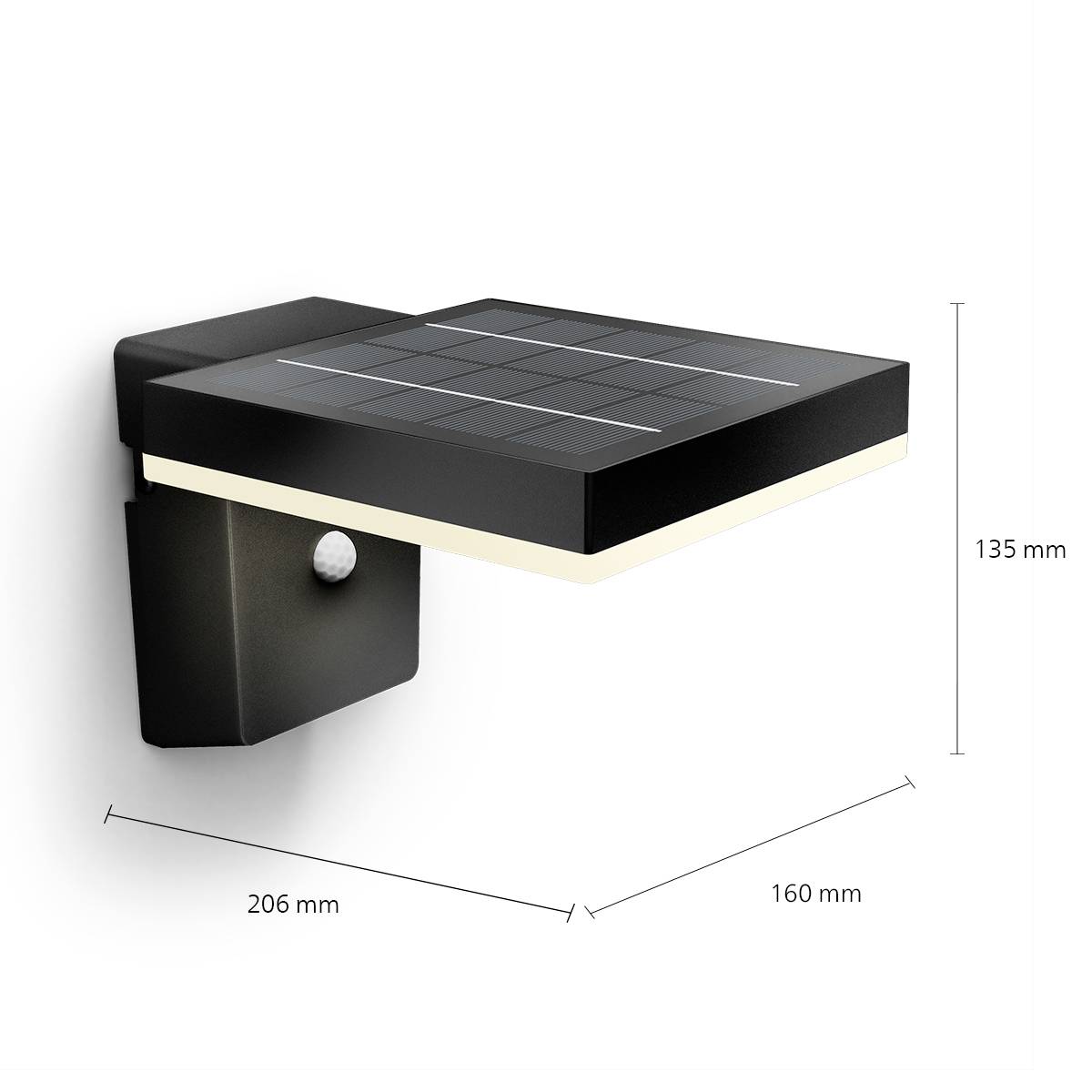 Solar-powered outdoor light with a rectangular black housing. Dimensions are 135 mm high, 160 mm wide and 206 mm deep.