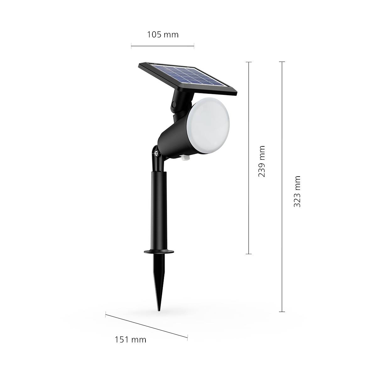 Solar-powered outdoor spotlight with ground spike for lighting; dimensions: 105 mm (width), 239 mm (lamp section height), 323 mm overall.