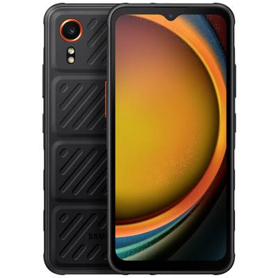 Black smartphone with textured back cover. Front display shows an orange-yellow circular pattern.