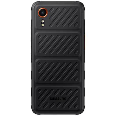 A black Samsung smartphone with a robust casing. The back shows a structured design with diagonal stripes.