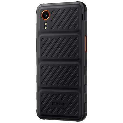A robust smartphone with a black ribbed back and orange accents, suitable for outdoor activities.