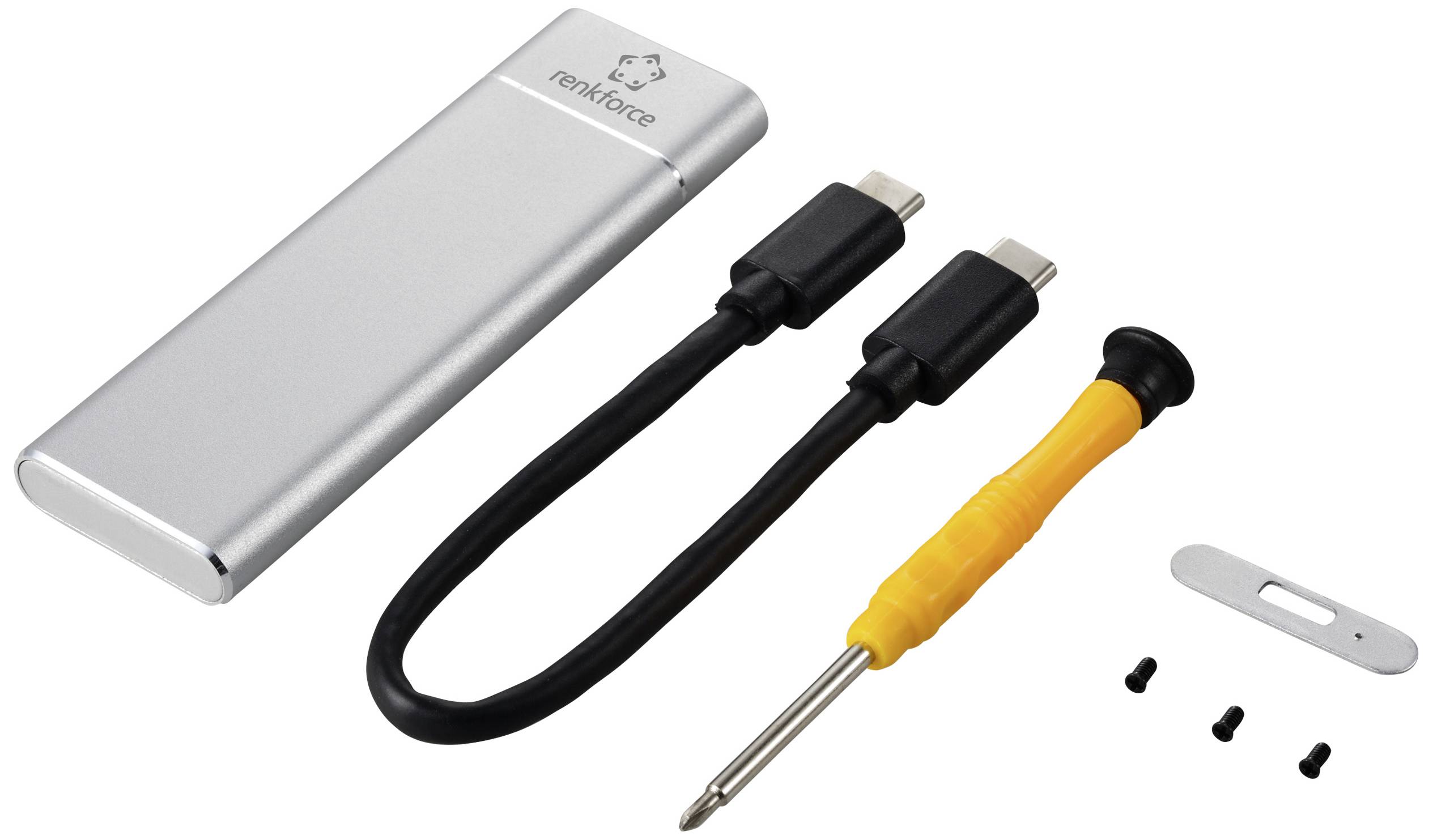 External hard drive enclosure set: silver casing, two USB-C cables, a yellow screwdriver, small screws, and mounting plate.