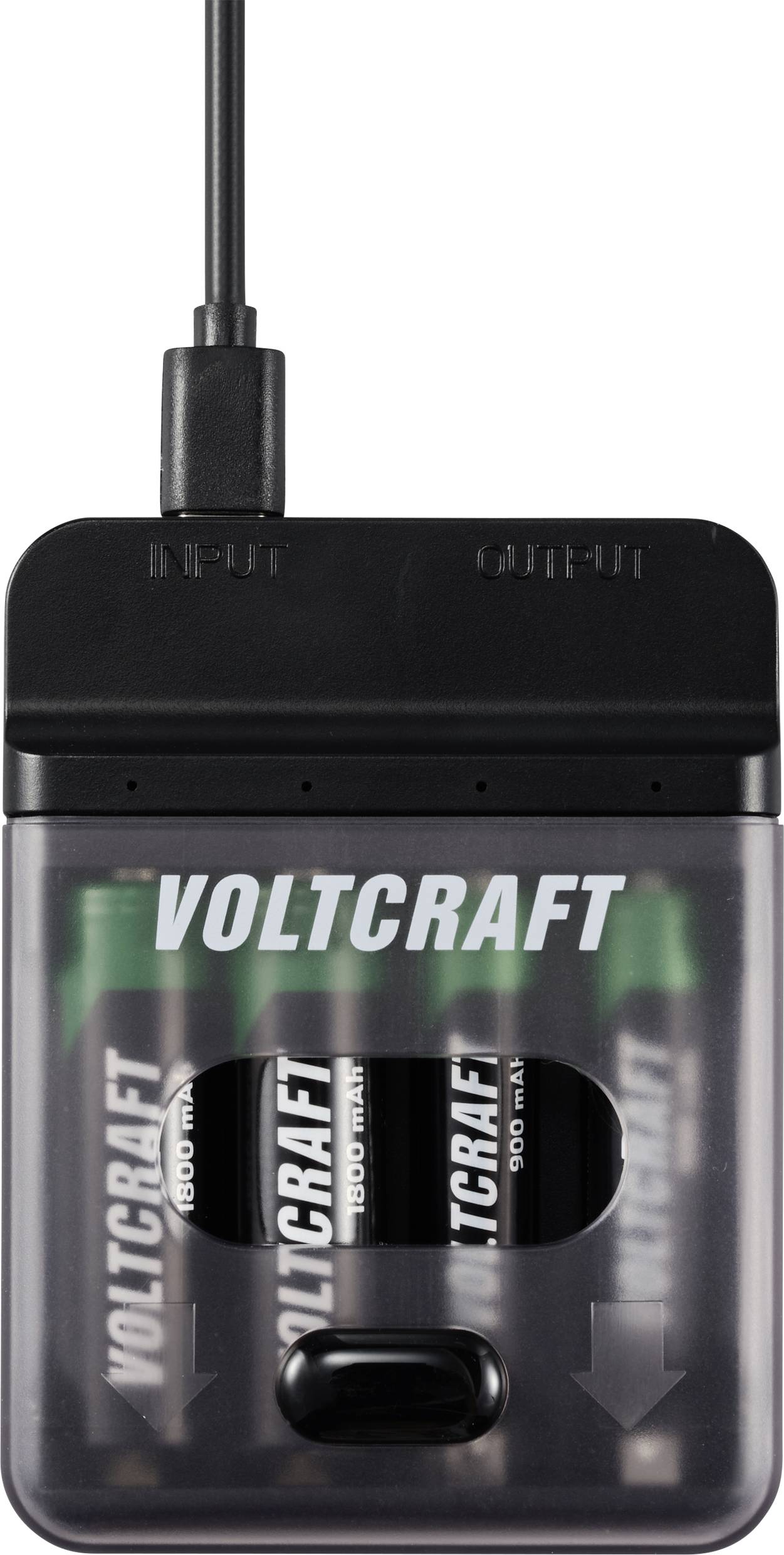 A charger with four inserted batteries, connected to a cable. The brand name 'VOLTCRAFT' visible on the front.