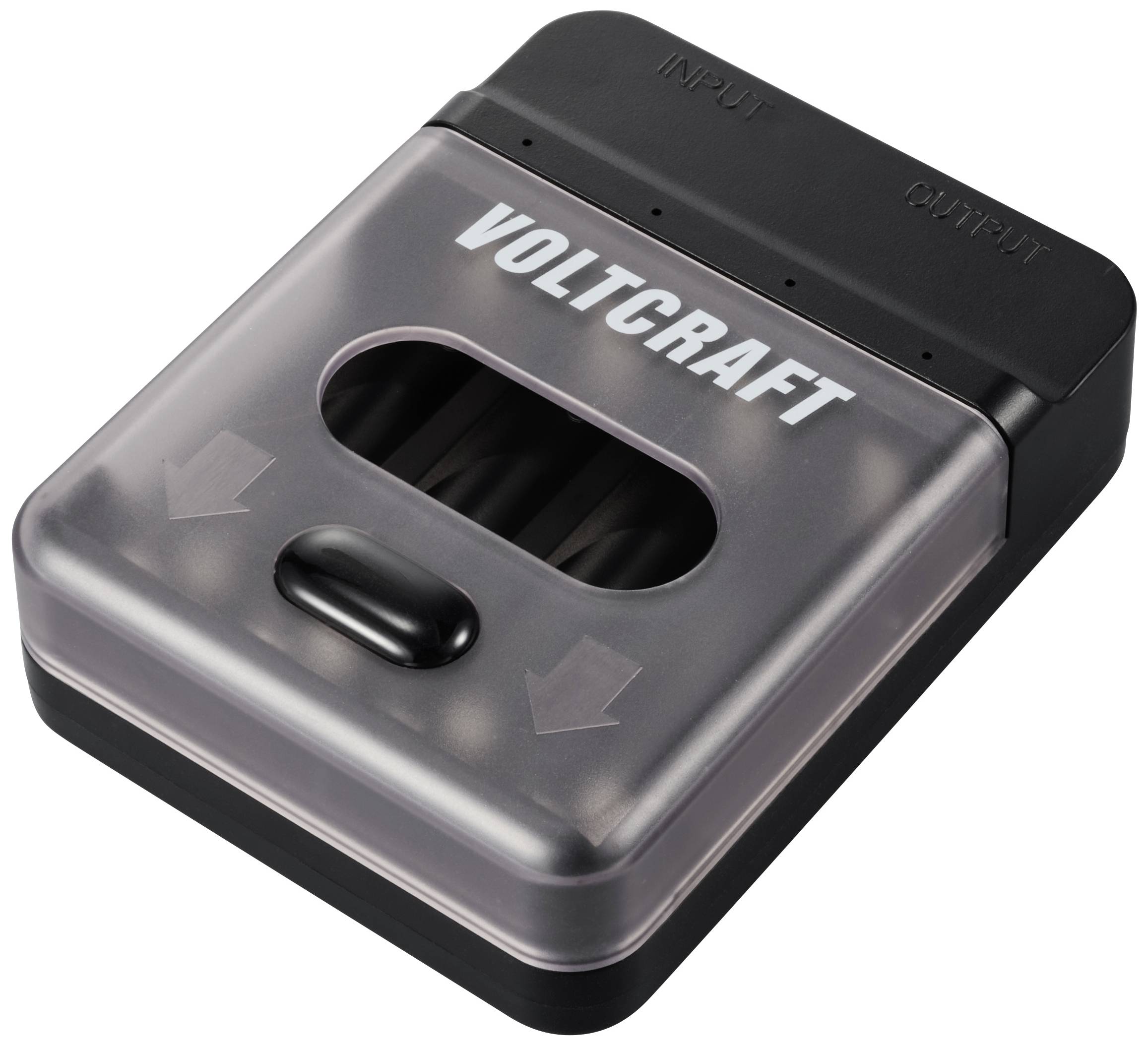 Voltcraft charger with a transparent casing, designed for battery charging. The connections at the top are marked with 'Input' and 'Output'.