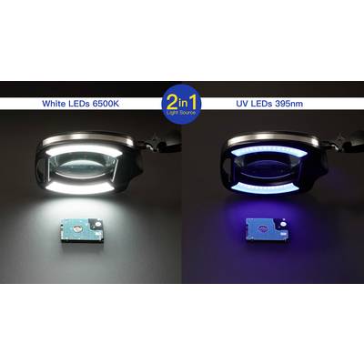 Two magnifying glasses with LED lighting: On the left, white light (6500K) on a hard drive circuit board, on the right UV light (395nm) on the same circuit board.