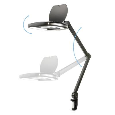 Lamp with an adjustable arm and swivelling head, indicating movement direction by arrows, designed to be clamped flexibly over a desk.