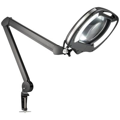 Black desk magnifying lamp with adjustable arm and built-in illumination element, mounted on a desk edge.