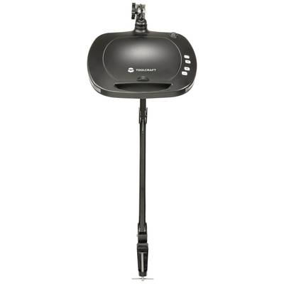 A black TOOLCRAFT LED magnifying lamp with an adjustable arm and table clamp, suitable for precise work tasks.