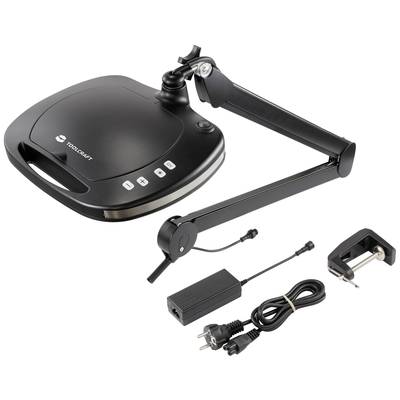 'Black LED magnifying lamp with adjustable arm, power adapter, clamp mounting and power cable. Perfect for precision work.'