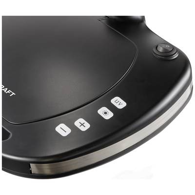 Black device with illuminated buttons. Buttons: 'I', '+', UV symbol and gear symbol. Switch located top right.