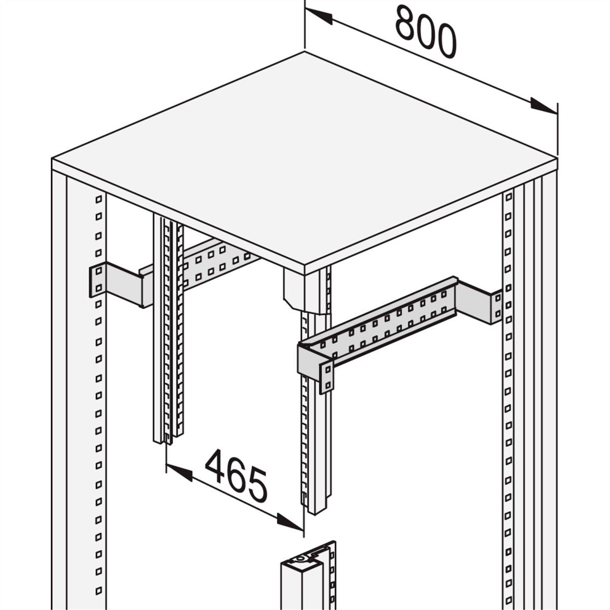Drawing of a rectangular table with dimensions of 800 mm width and 465 mm depth, showing mounted brackets on the sides.