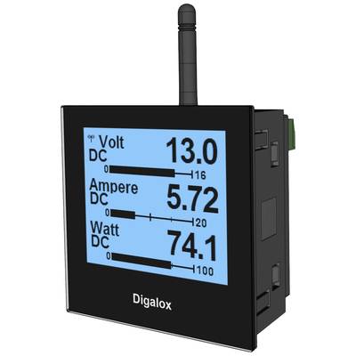 Digital display with a blue background showing values: 13.0 volts, 5.72 amperes, 74.1 watts. Brand name 'Digalox' visible at the bottom.