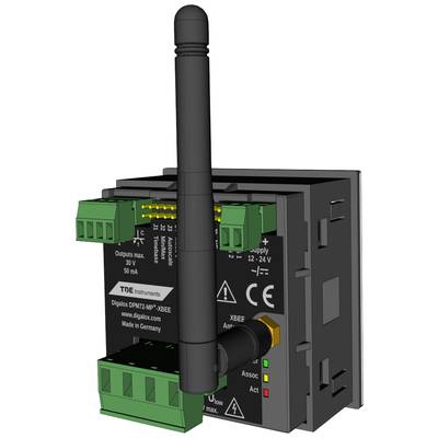 Electronic device with an antenna and several green connection terminals, with LEDs and symbols for input and output voltages displayed.