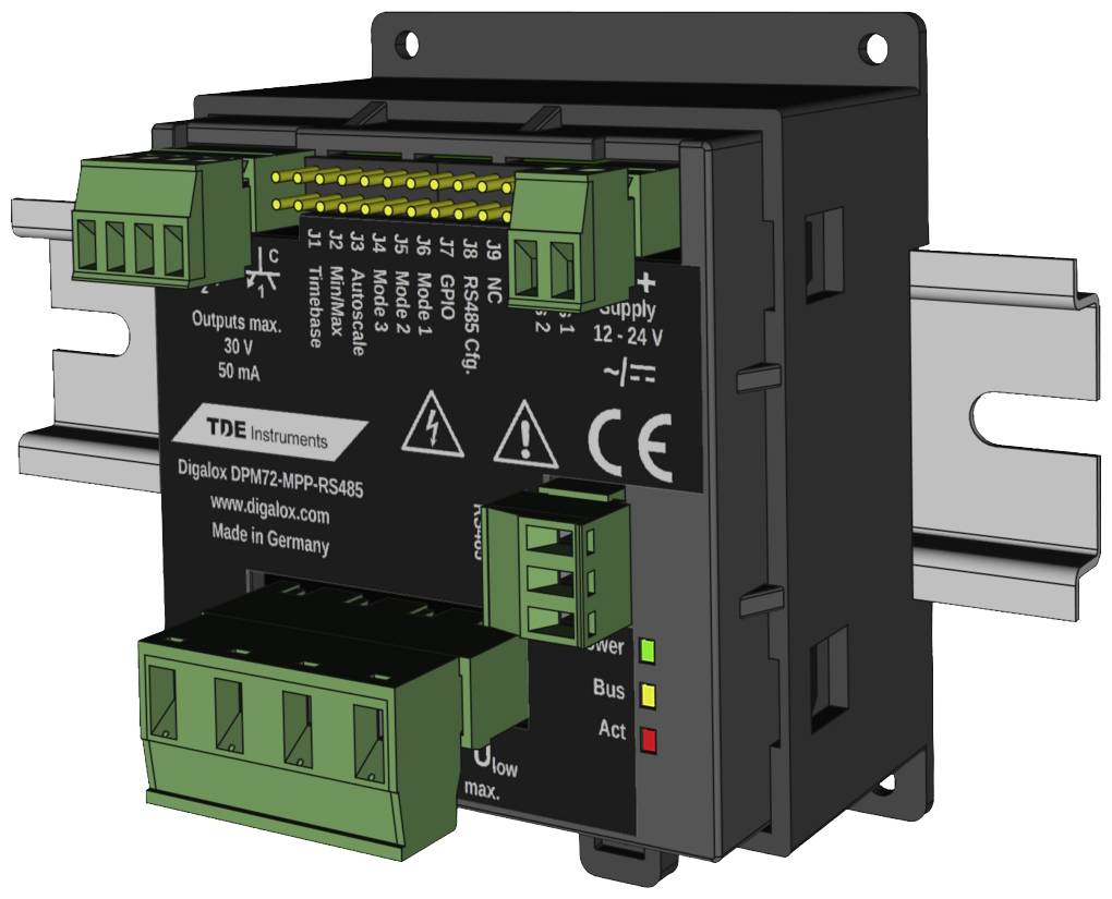 A black electronic module for mounting on a DIN rail with green connectors, LEDs, and technical markings.