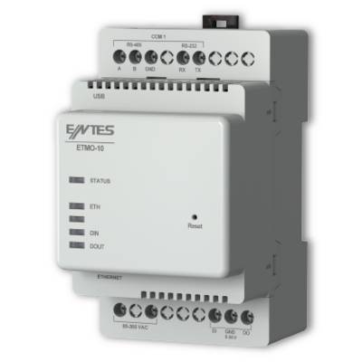 Housing of an electronic module with connectors and LEDs for status, Ethernet, DIN, DOUT. Labels such as 'Reset' are recognisable.