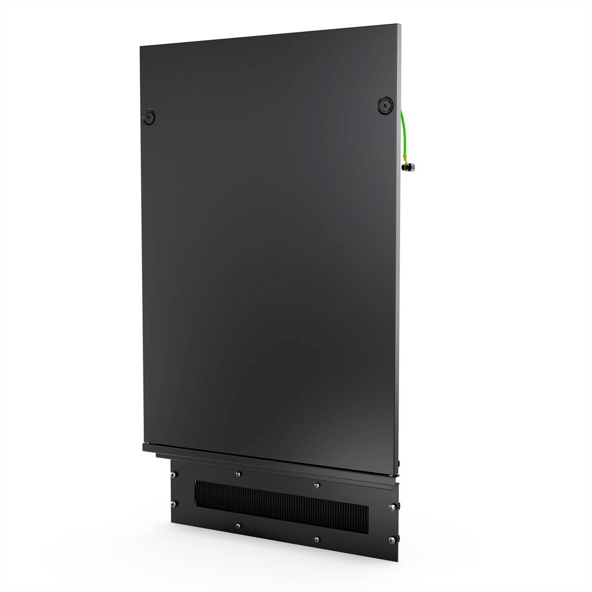 A digital LED screen in black, standing, with cable connection at the top right. Suitable for advertising or information displays.