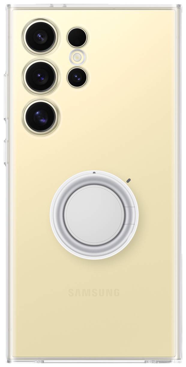 A golden smartphone with four camera lenses and a circular grip on the back.