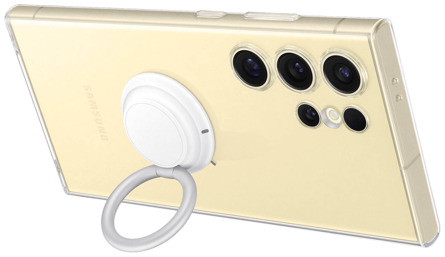 A golden smartphone with three camera lenses and a fourth sensor on the back. A white, circular phone grip is attached.
