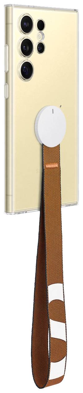 Bright smartphone with multiple camera lenses and a brown and white carrying strap. The device is standing vertically with its back facing outwards.