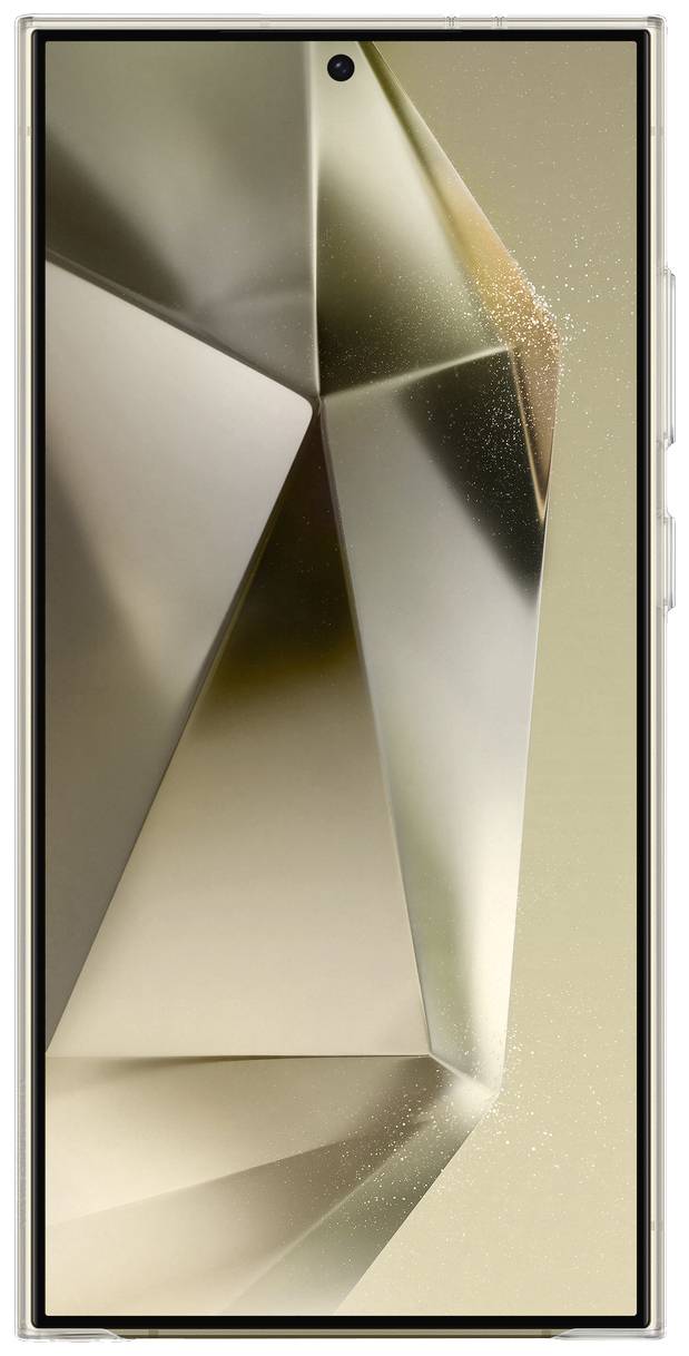 A smartphone with a display featuring an abstract geometric pattern in gold and bronze tones.