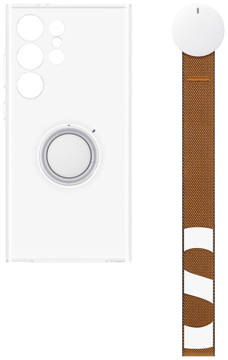 A rectangular smartphone case with circular cut-outs on the left side. Next to the case, an orange textured band with white patterns.