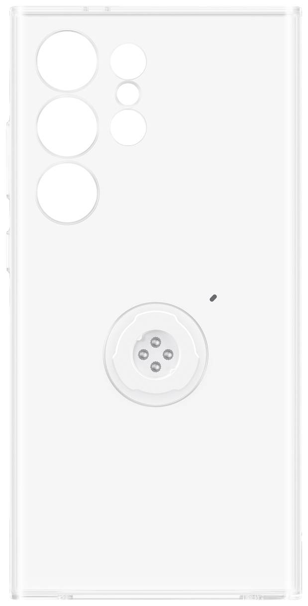 Transparent smartphone case with circular cutouts for camera and sensors, compatible with a multi-lens model.